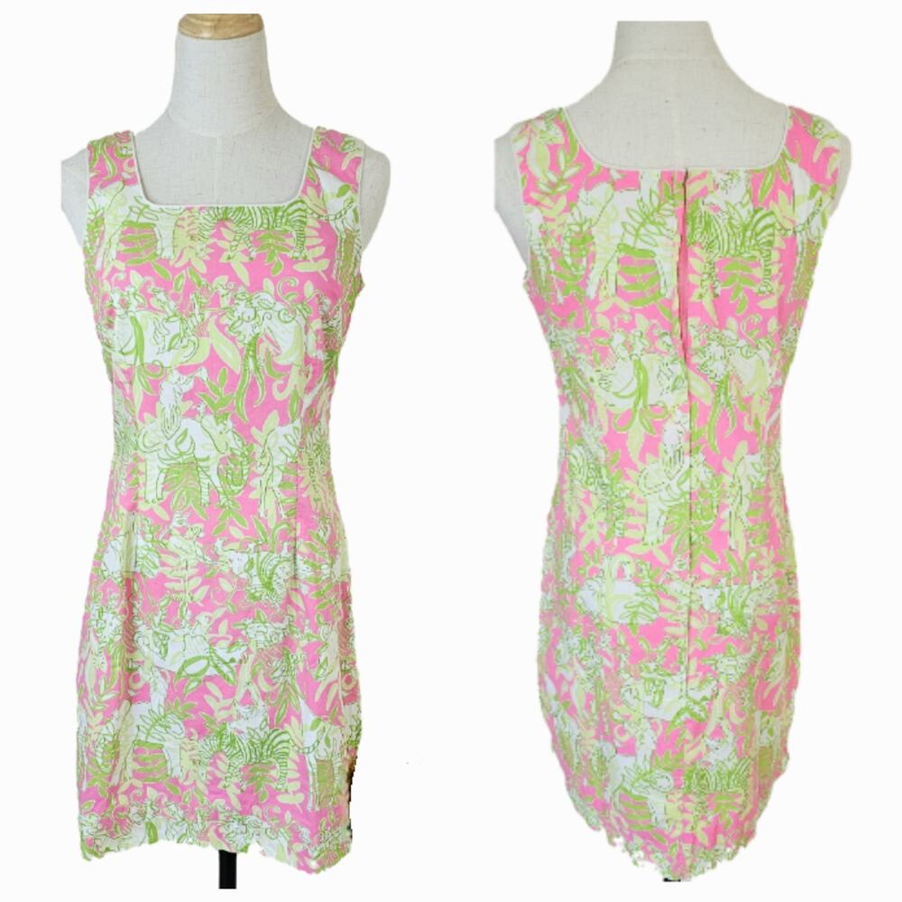Lilly Pulitzer Hot Pink Lime Green Mini Dress Whimsical Safari EUC 2